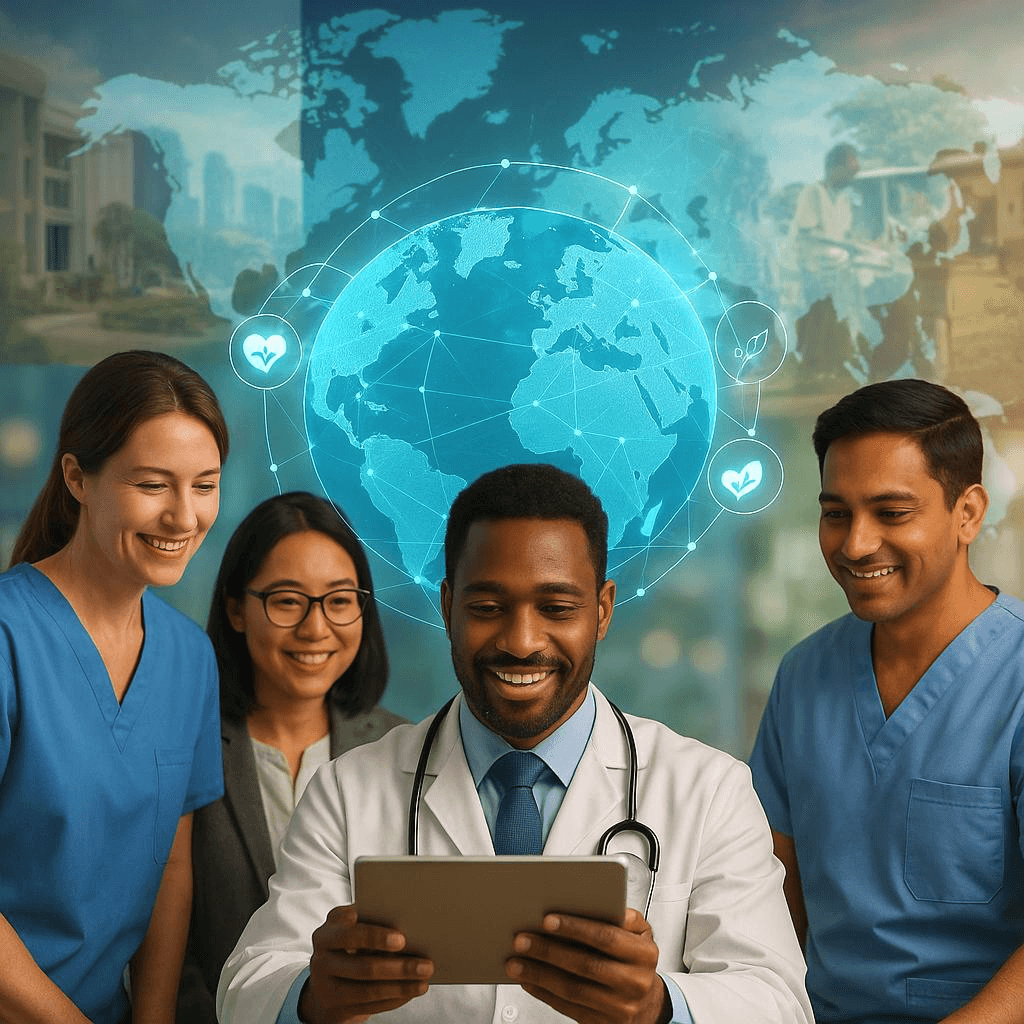 Healthcare professionals collaborating around a tablet with a global network overlay